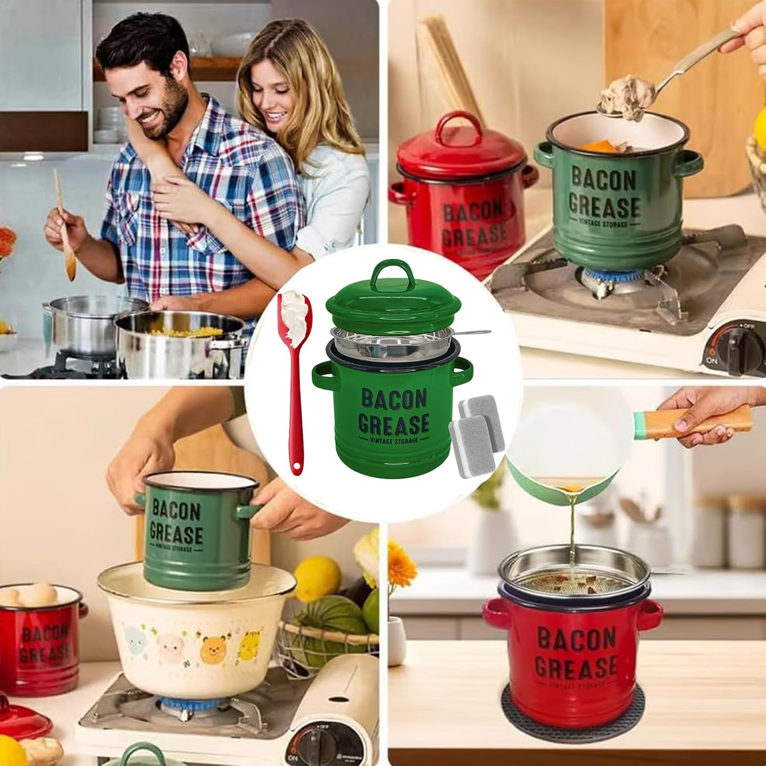 🌟🌟Bacon Grease Container, 46 Oz Enamel Bacon Grease Container with Strainer, and Food-Grade Silicone Spatula, for Filtering Out, Storing and Recycling (White)