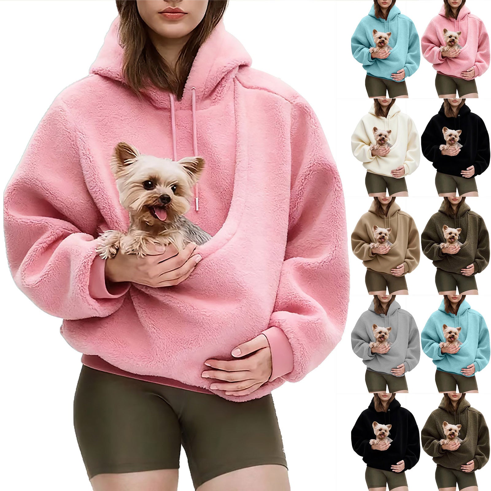 2025 new  Autumn Winter Solid Color Hooded Plush Pet Pocket Loose Pullover Sweatshirt for Women