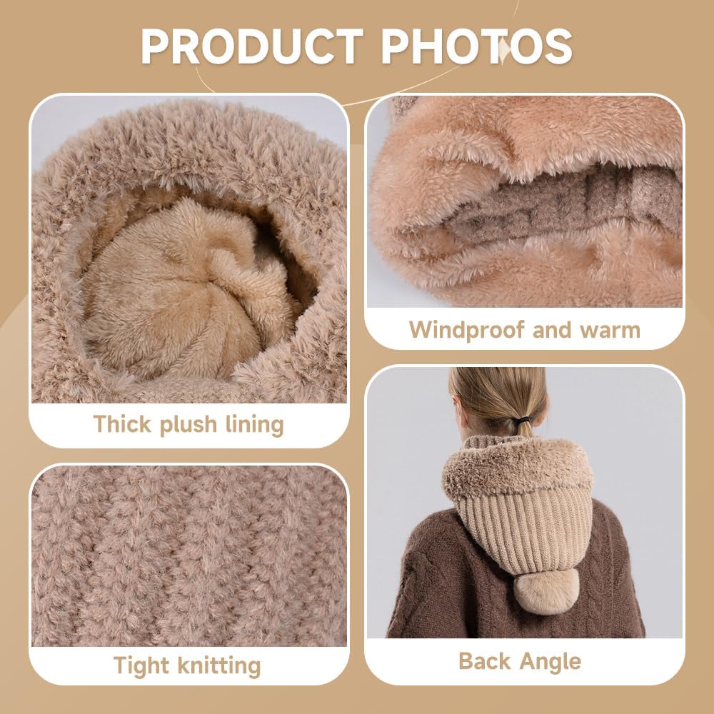 🌟🌟Three-in-One Cold-Proof Knitted Hat，New Women's Autumn and Winter Windproof Scarf Balaclava Hat（Khaki）