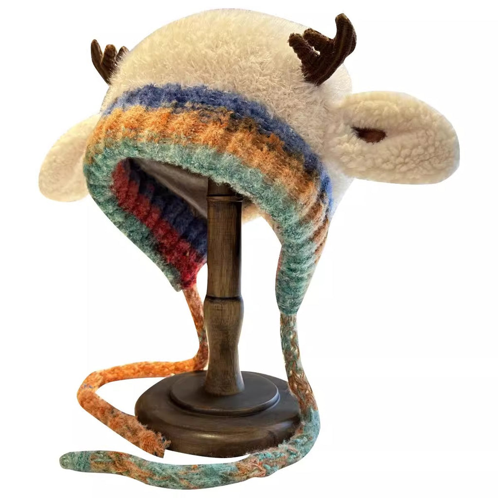 🎅🎄❄️Cute Christmas Reindeer Antlers Plush Hat for Women, Autumn and Winter Warmth, Can Be Used as a Bag, Ear Protection Knitted Wool Hat,  Adorable🎅🎄❄️