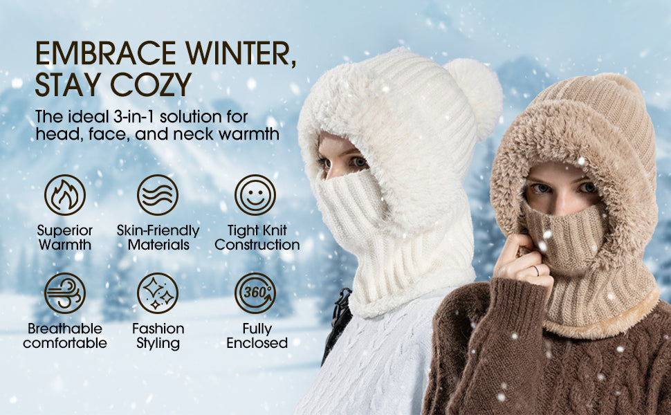 🌟🌟Three-in-One Cold-Proof Knitted Hat，New Women's Autumn and Winter Windproof Scarf Balaclava Hat（Khaki）