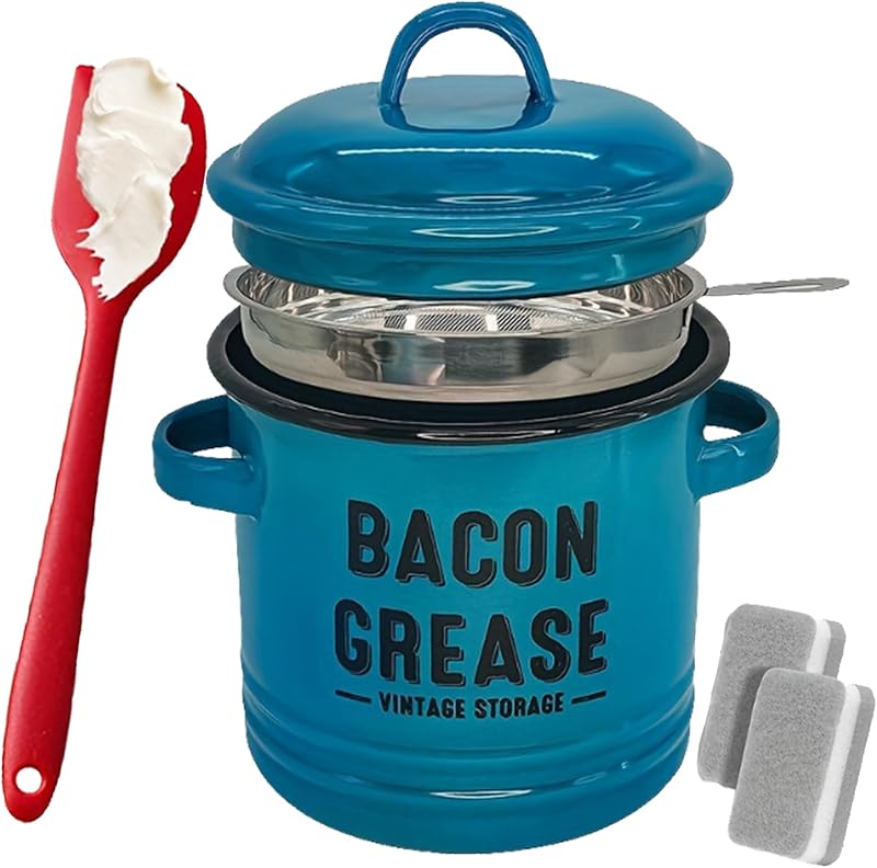🌟🌟Bacon Grease Container, 46 Oz Enamel Bacon Grease Container with Strainer, and Food-Grade Silicone Spatula, for Filtering Out, Storing and Recycling (White)