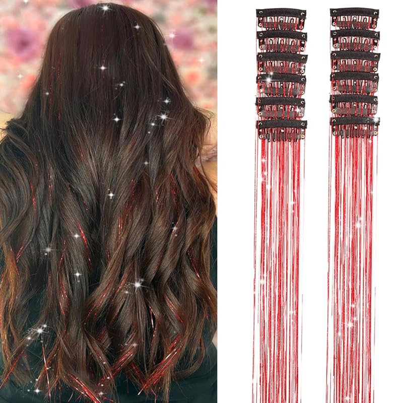 🌟 🌟Hair Tinsel Pack of 12 Pcs Colorful Glitter Hair Accessories 20 Inch Clip in Hair Tinsel Extensions Fairy Hair Accessories Party Kit for Women Girls Kids (12Pcs,Colorful#)