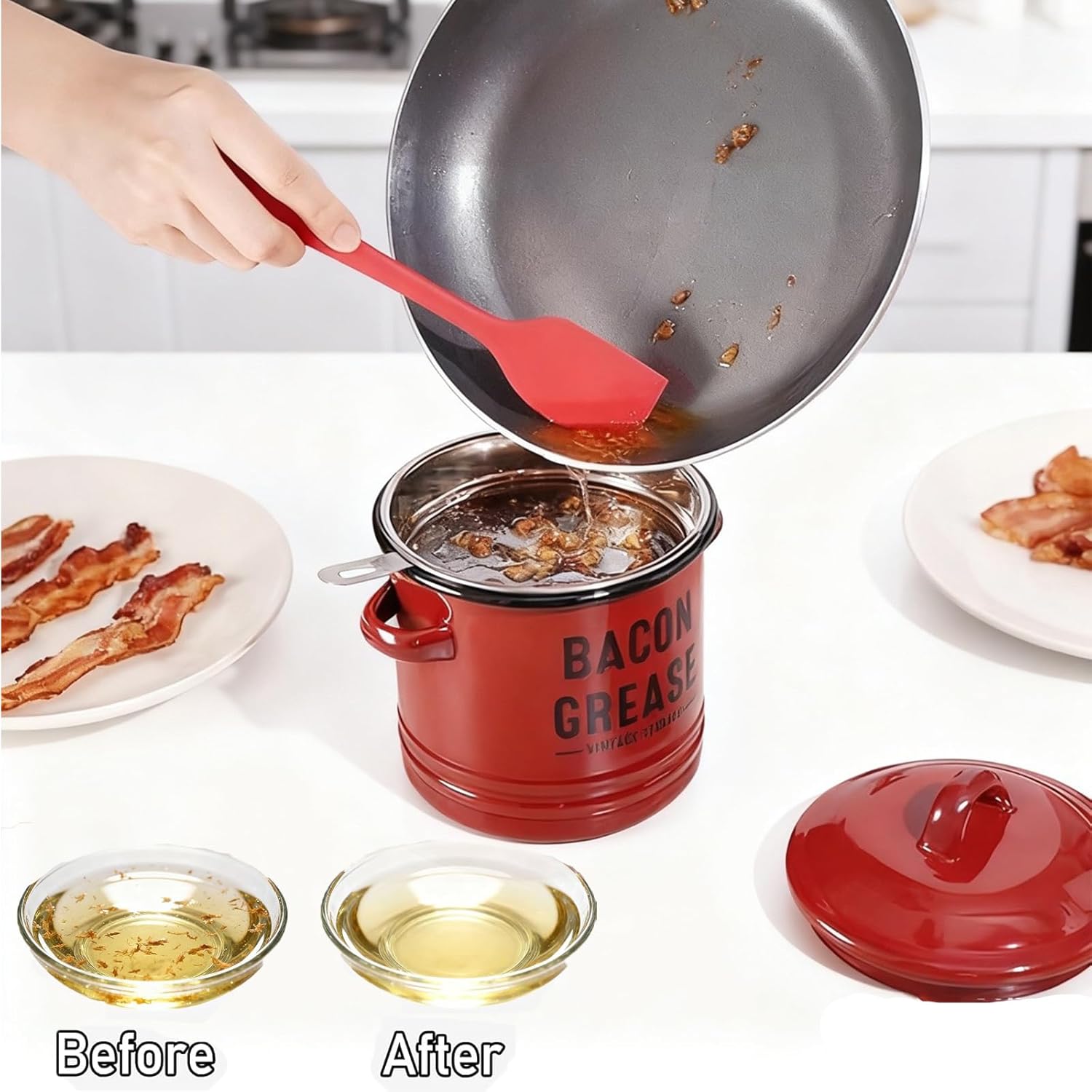 🌟🌟Bacon Grease Container, 46 Oz Enamel Bacon Grease Container with Strainer, and Food-Grade Silicone Spatula, for Filtering Out, Storing and Recycling (White)