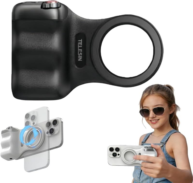 🌟 🌟Magnetic Phone Camera Grip, Ergonomic Phone Grip with Detachable Remote Shutter and Fill Light