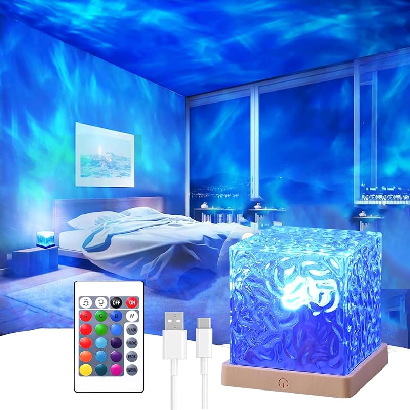 🌟🌟Ocean Wave Projector Light, 16-Color Luminorthe Cube Lamp & App Remote, 3D Holographic Water Ripple Romantic Ambient Lighting for Child's Room, Meditation Relaxation, Night Light