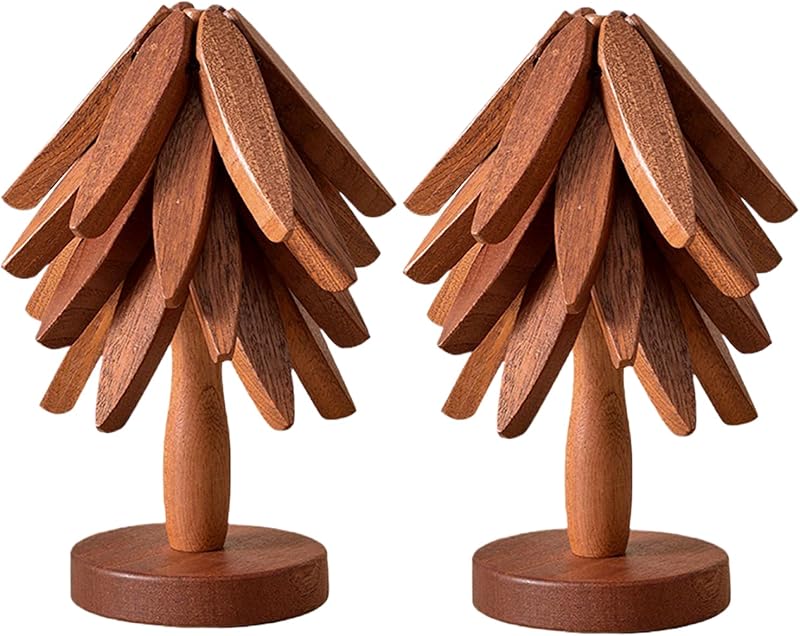 🌟 🌟 Natural Foldable Black Walnut Wooden Trivet Set - 4 Trivets + 1 Stand for Hot Dishes, Pot, Bowl, Teapot, Hot Pot Holders(Black Walnut)🌟 🌟