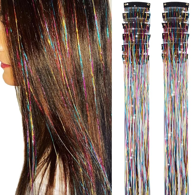 🌟 🌟Hair Tinsel Pack of 12 Pcs Colorful Glitter Hair Accessories 20 Inch Clip in Hair Tinsel Extensions Fairy Hair Accessories Party Kit for Women Girls Kids (12Pcs,Colorful#)