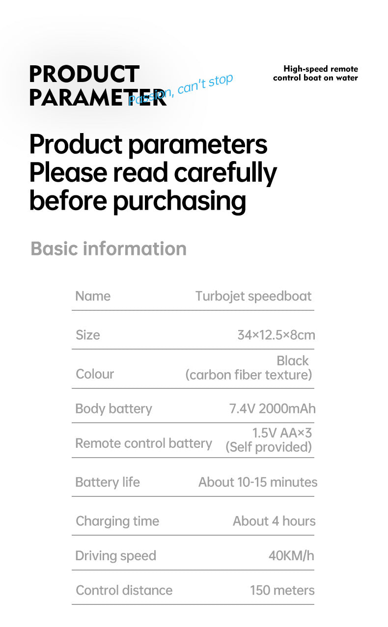 FY011Carbon Fiber Pattern Speedboat2.4G Full Scale Remote Control with Lights, Flip and Reset Electric High-Speed Water-Cooled Turbine Jet Boat