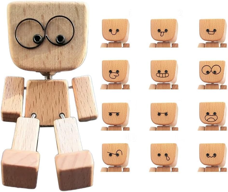 🌟🌟Shaking Wooden Man Figurine, Wooden Figure That Sways Handmade Car Dashboard Decorations, Charming Little Wood Figure That Sways with 12Pcs Magnetic Expressions Christmas Ornament Home/Office Gift