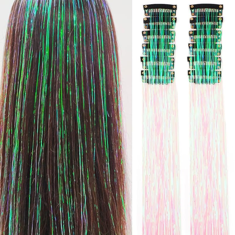 🌟 🌟Hair Tinsel Pack of 12 Pcs Colorful Glitter Hair Accessories 20 Inch Clip in Hair Tinsel Extensions Fairy Hair Accessories Party Kit for Women Girls Kids (12Pcs,Colorful#)