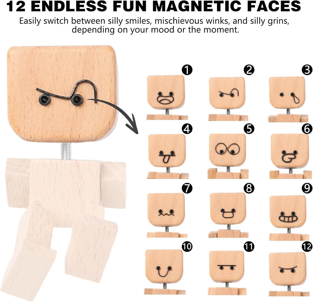 🌟🌟Shaking Wooden Man Figurine, Wooden Figure That Sways Handmade Car Dashboard Decorations, Charming Little Wood Figure That Sways with 12Pcs Magnetic Expressions Christmas Ornament Home/Office Gift