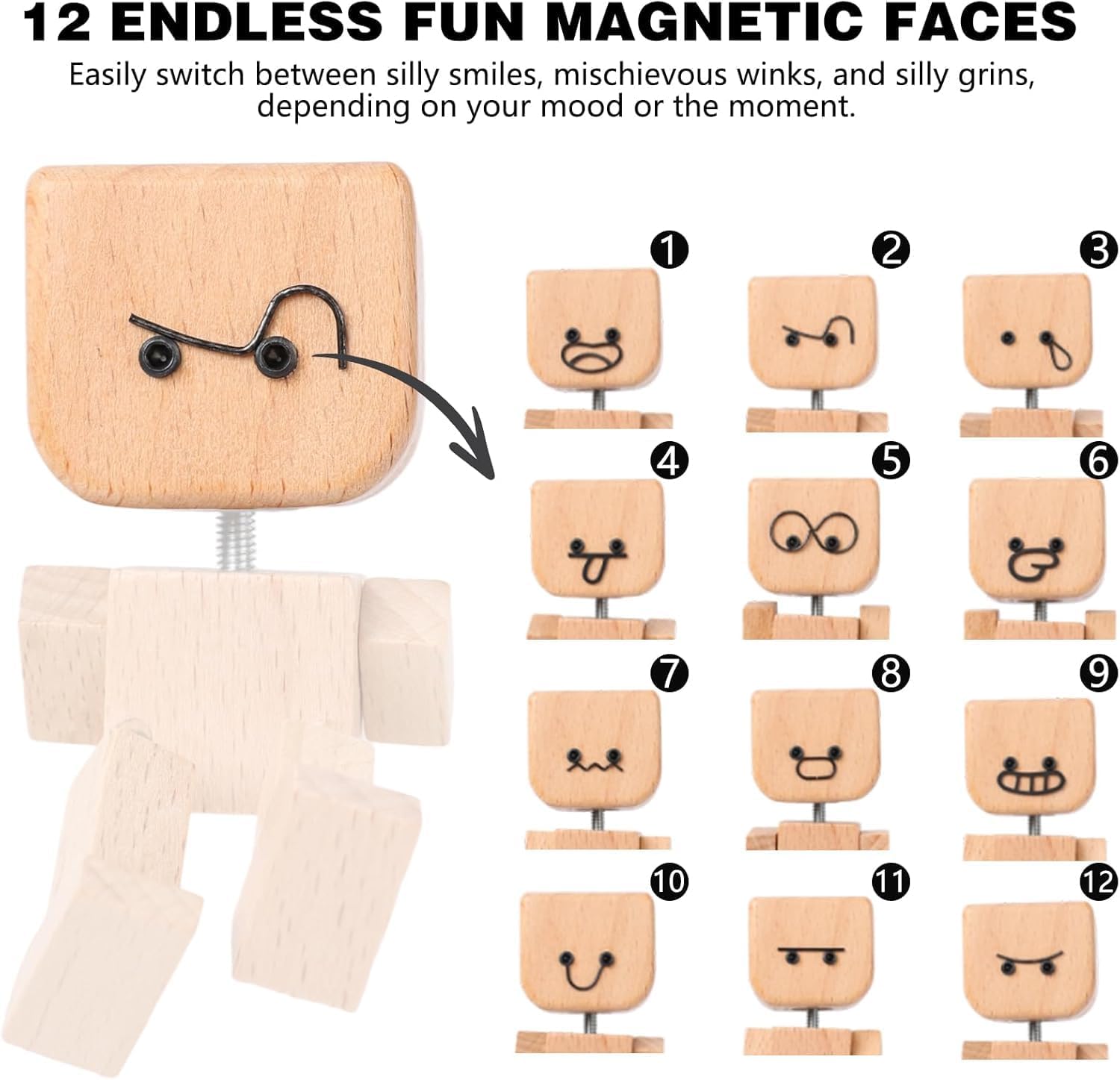 🌟🌟Shaking Wooden Man Figurine, Wooden Figure That Sways Handmade Car Dashboard Decorations, Charming Little Wood Figure That Sways with 12Pcs Magnetic Expressions Christmas Ornament Home/Office Gift