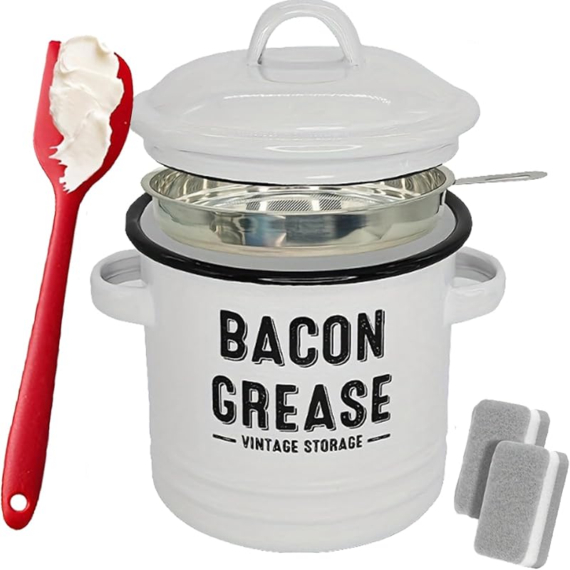 🌟🌟Bacon Grease Container, 46 Oz Enamel Bacon Grease Container with Strainer, and Food-Grade Silicone Spatula, for Filtering Out, Storing and Recycling (White)