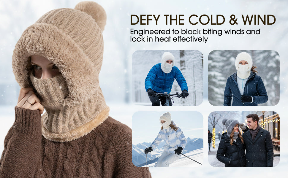 🌟🌟Three-in-One Cold-Proof Knitted Hat，New Women's Autumn and Winter Windproof Scarf Balaclava Hat（Khaki）