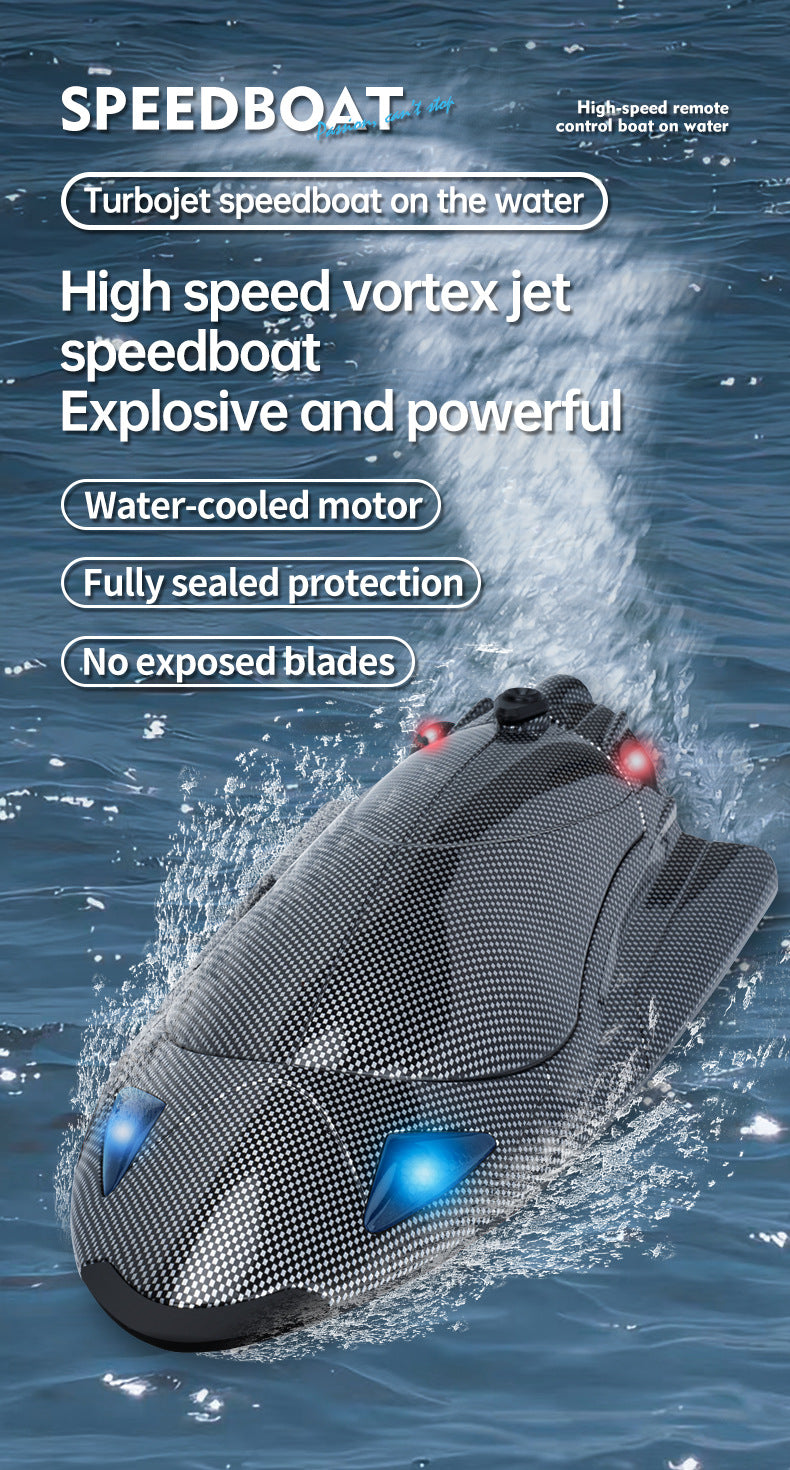 FY011Carbon Fiber Pattern Speedboat2.4G Full Scale Remote Control with Lights, Flip and Reset Electric High-Speed Water-Cooled Turbine Jet Boat