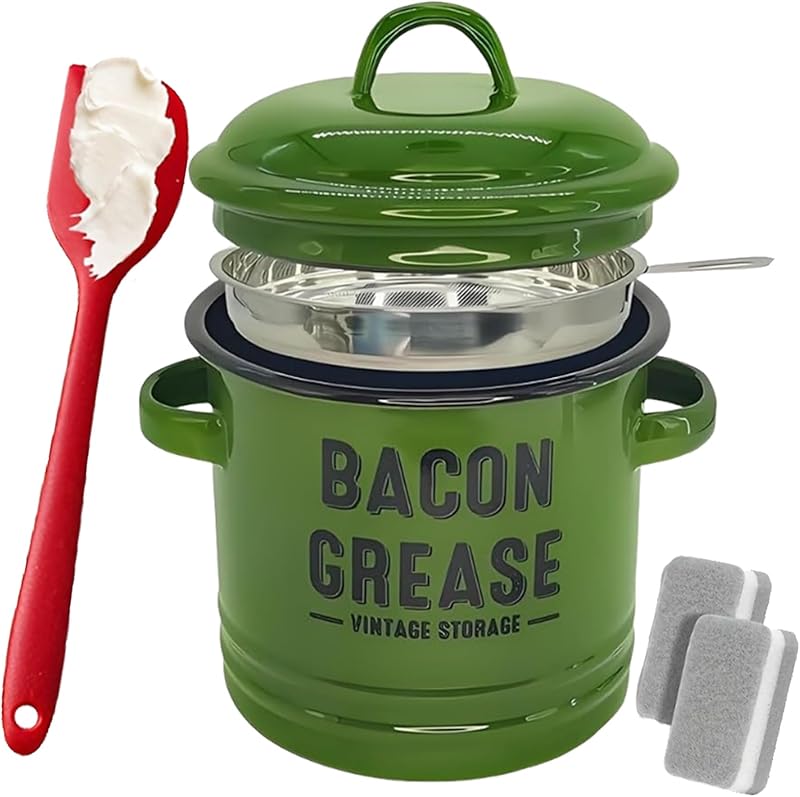 🌟🌟Bacon Grease Container, 46 Oz Enamel Bacon Grease Container with Strainer, and Food-Grade Silicone Spatula, for Filtering Out, Storing and Recycling (White)