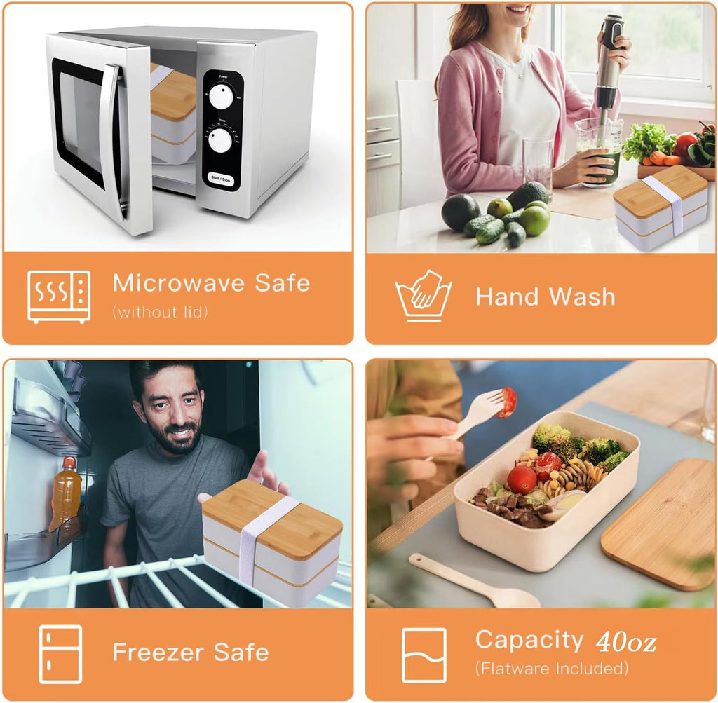 🌟 🌟Japanese Bamboo Bento Box with Compartments and Utensils Stackable Lunch Box