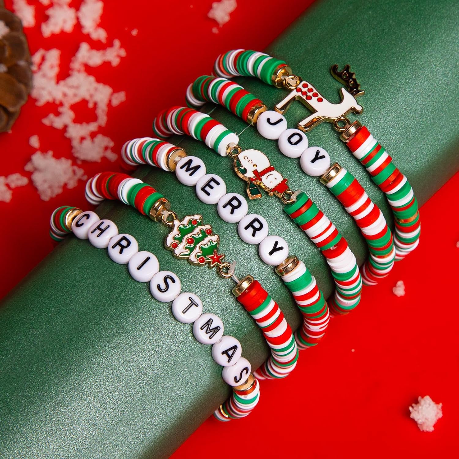 6 Pack Christmas Bracelets: Joy & Merry Candy-Style Stacks for Women & Teens - Perfect Christmas Gifts - Age 3 to Adult