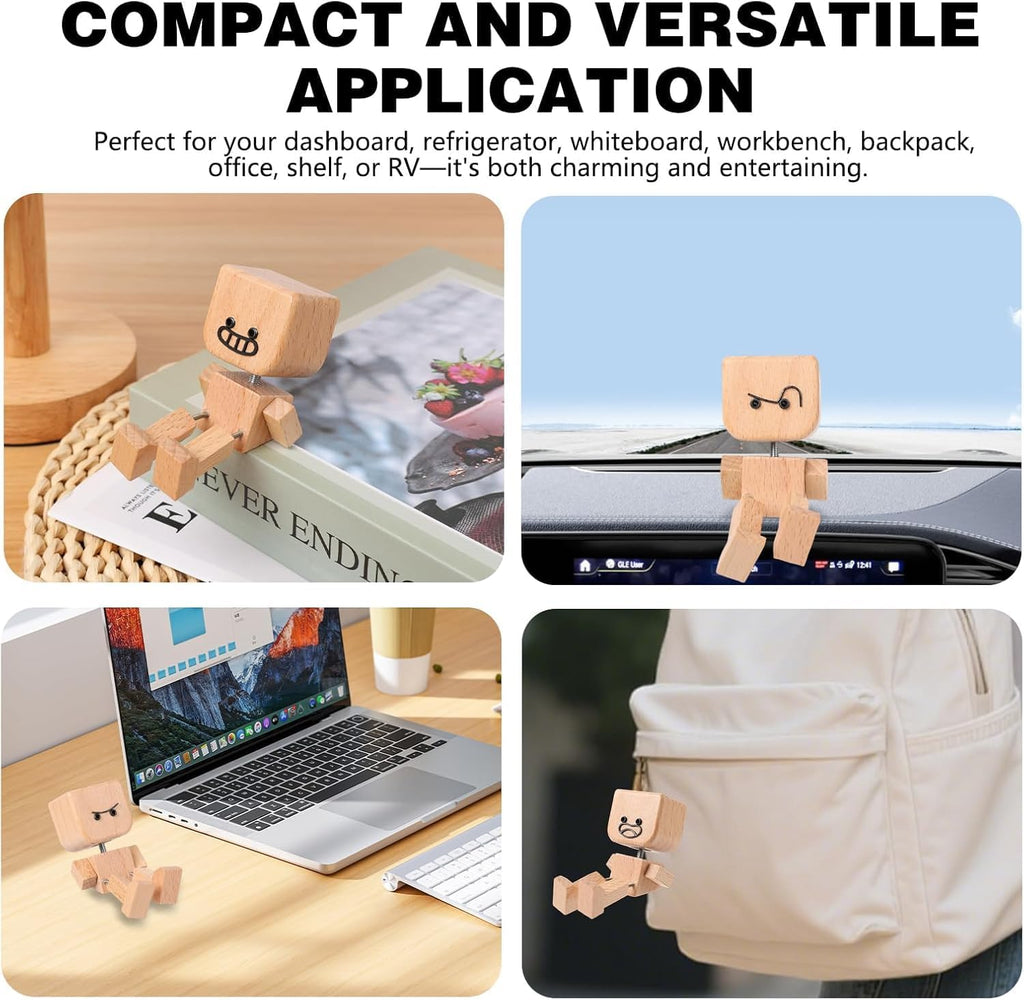 🌟🌟Shaking Wooden Man Figurine, Wooden Figure That Sways Handmade Car Dashboard Decorations, Charming Little Wood Figure That Sways with 12Pcs Magnetic Expressions Christmas Ornament Home/Office Gift