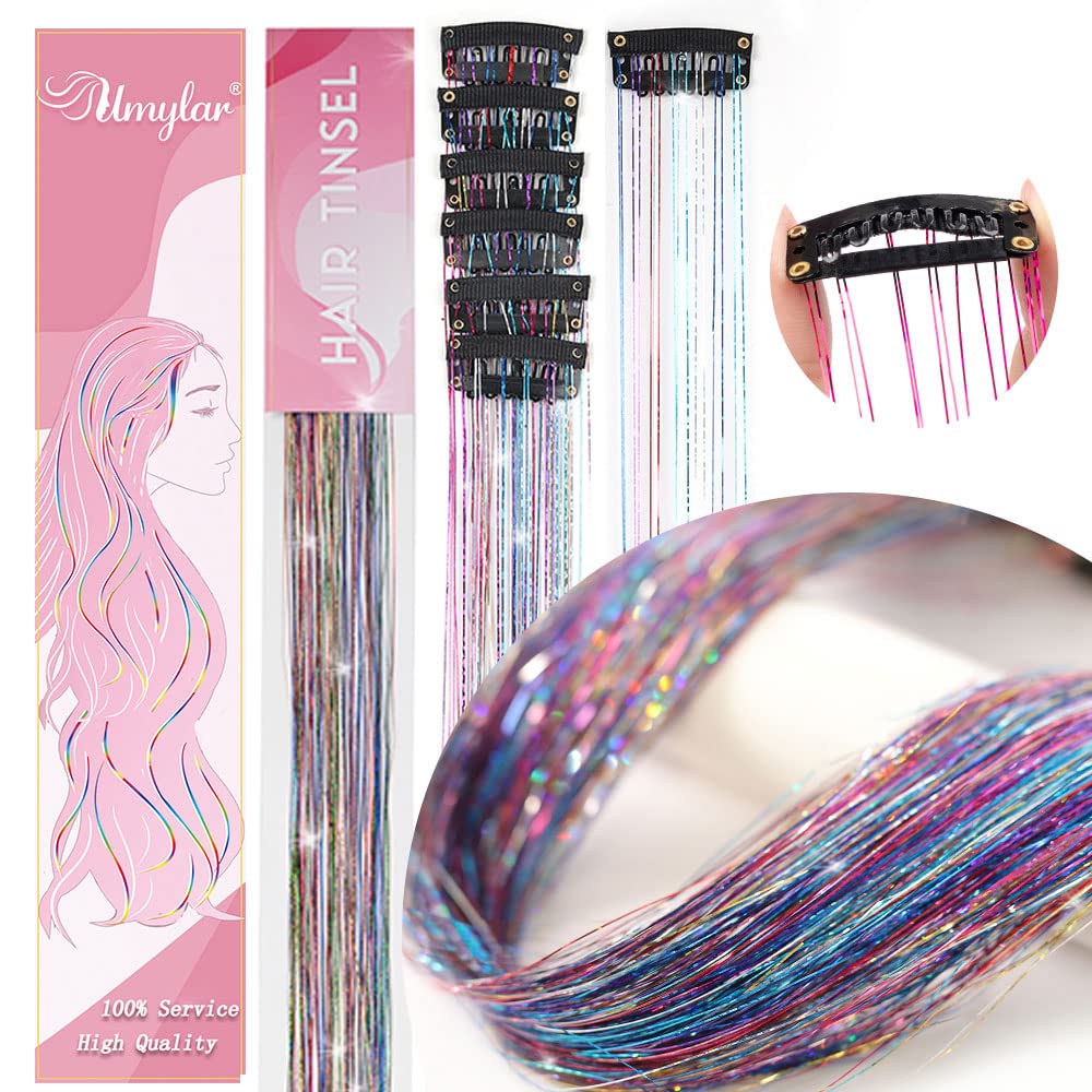 🌟 🌟Hair Tinsel Pack of 12 Pcs Colorful Glitter Hair Accessories 20 Inch Clip in Hair Tinsel Extensions Fairy Hair Accessories Party Kit for Women Girls Kids (12Pcs,Colorful#)