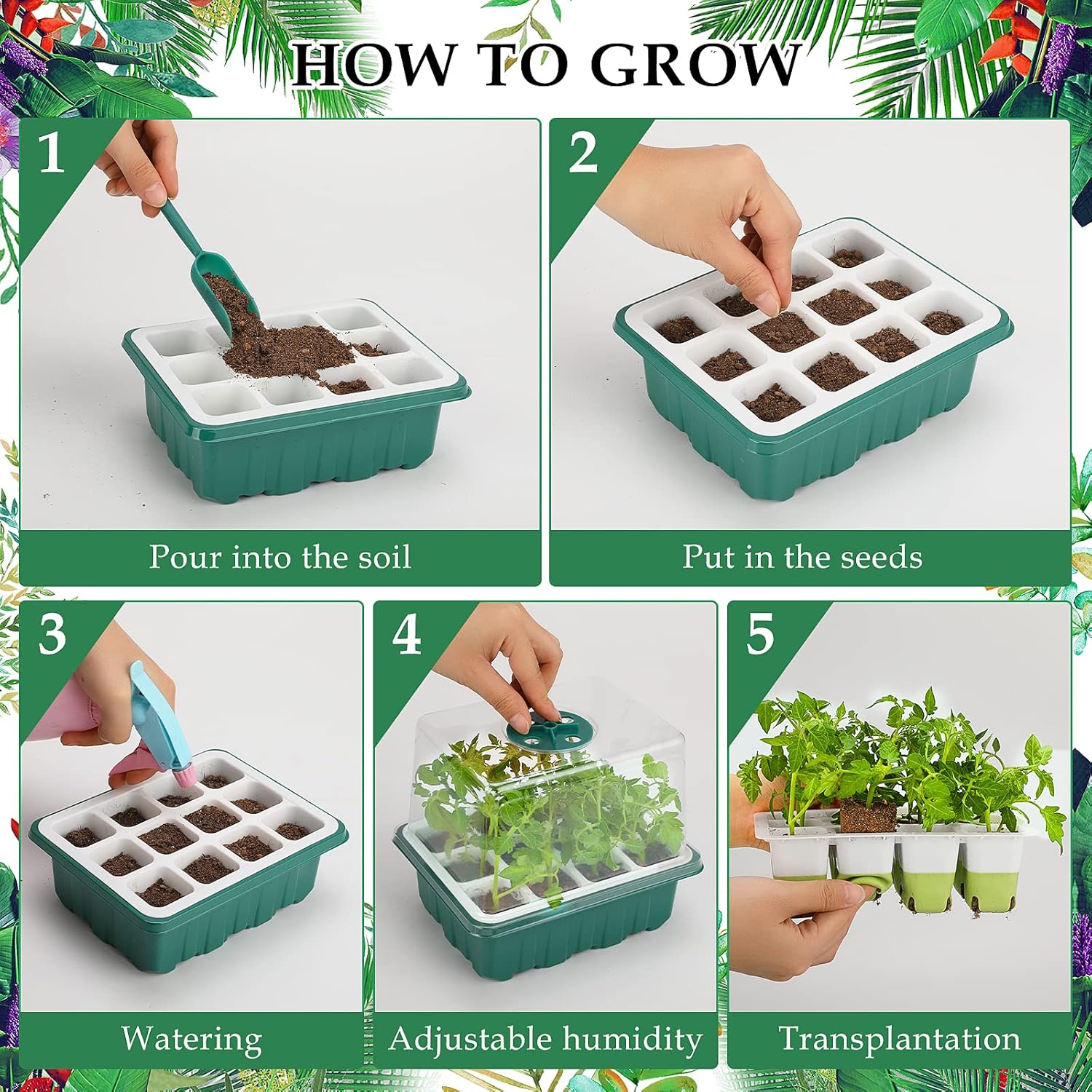 🌟🌟Seed Starter Tray, 48 Cells Indoor Seed Starter Kit, Flexible Silicone Designed Seedling Starter Trays, Germination Tray with Humidity Dome & Lids(4in Height), Reusable & Dishwasher Safe