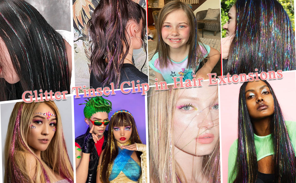🌟 🌟Hair Tinsel Pack of 12 Pcs Colorful Glitter Hair Accessories 20 Inch Clip in Hair Tinsel Extensions Fairy Hair Accessories Party Kit for Women Girls Kids (12Pcs,Colorful#)