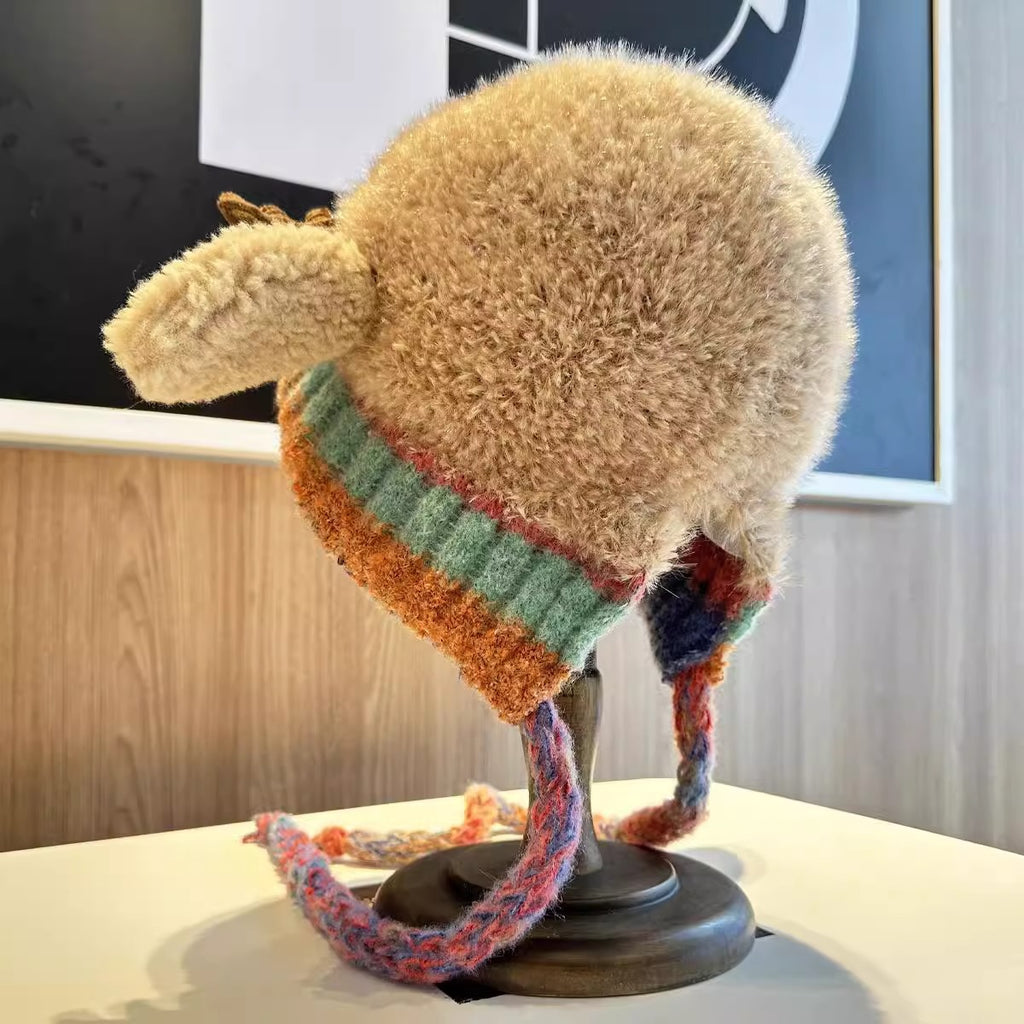 🎅🎄❄️Cute Christmas Reindeer Antlers Plush Hat for Women, Autumn and Winter Warmth, Can Be Used as a Bag, Ear Protection Knitted Wool Hat,  Adorable🎅🎄❄️