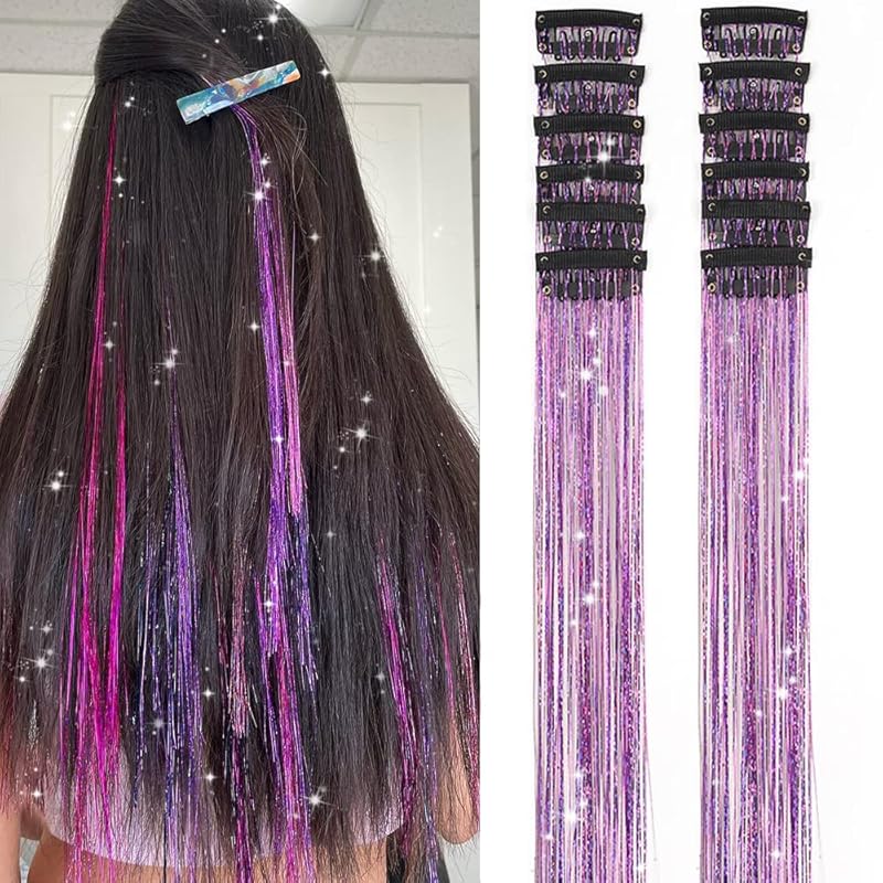 🌟 🌟Hair Tinsel Pack of 12 Pcs Colorful Glitter Hair Accessories 20 Inch Clip in Hair Tinsel Extensions Fairy Hair Accessories Party Kit for Women Girls Kids (12Pcs,Colorful#)
