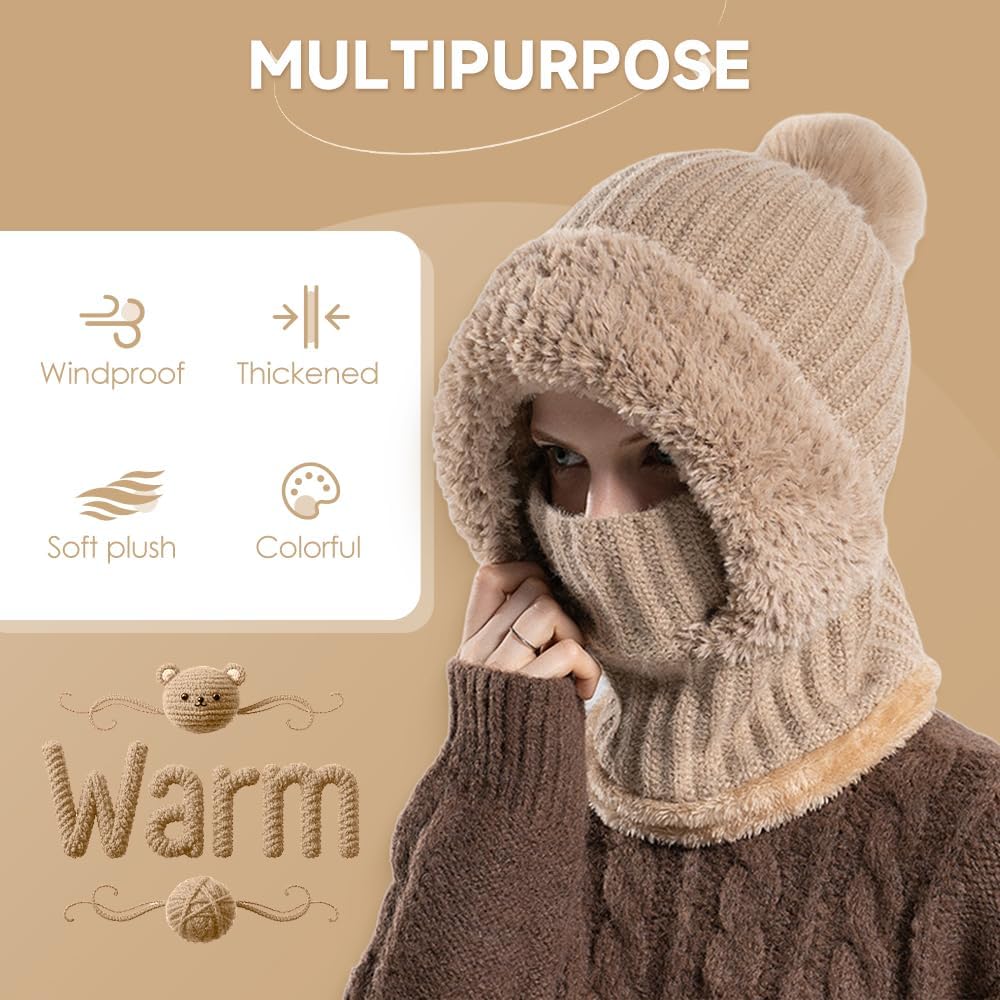 🌟🌟Three-in-One Cold-Proof Knitted Hat，New Women's Autumn and Winter Windproof Scarf Balaclava Hat（Khaki）