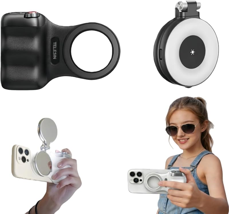 🌟 🌟Magnetic Phone Camera Grip, Ergonomic Phone Grip with Detachable Remote Shutter and Fill Light