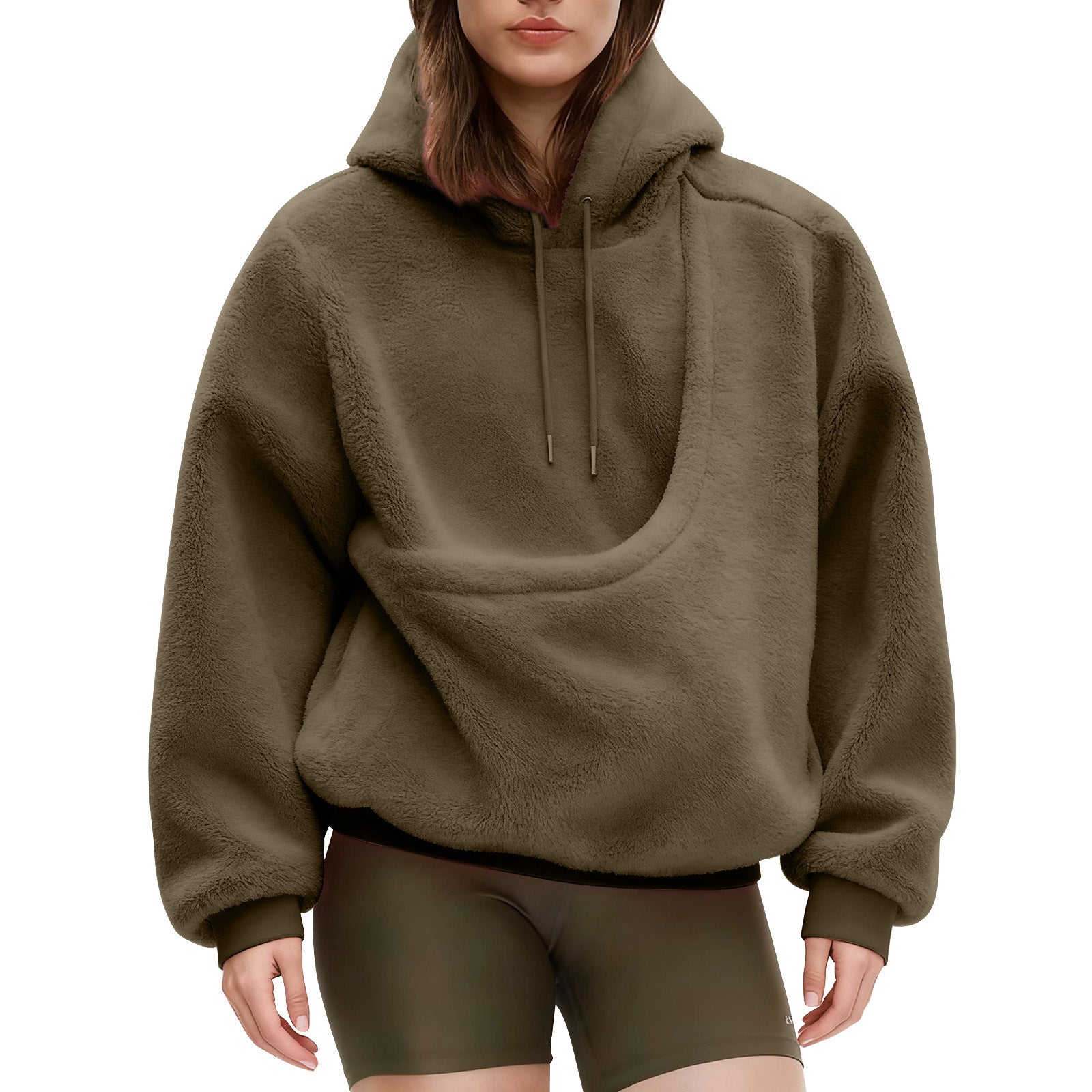 2025 new  Autumn Winter Solid Color Hooded Plush Pet Pocket Loose Pullover Sweatshirt for Women