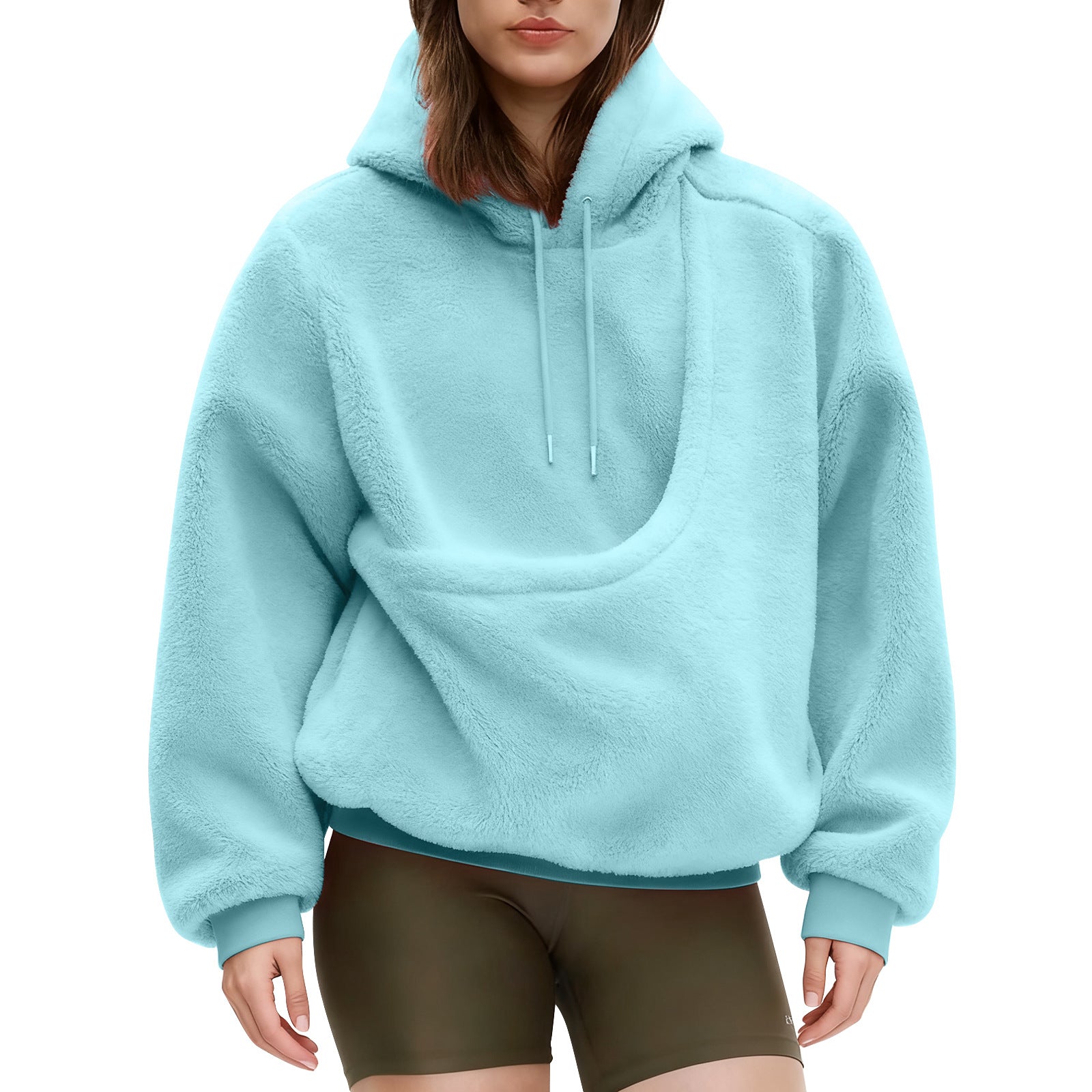 2025 new  Autumn Winter Solid Color Hooded Plush Pet Pocket Loose Pullover Sweatshirt for Women