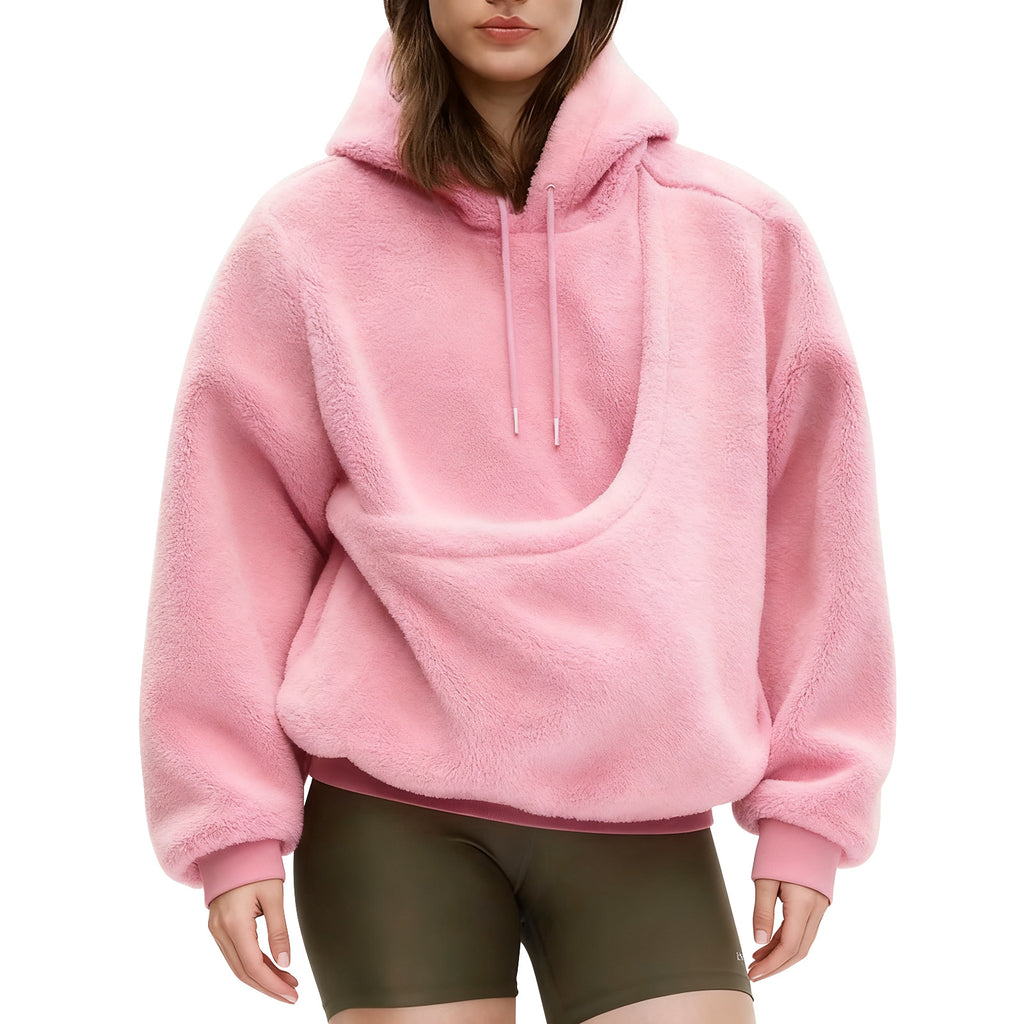 2025 new  Autumn Winter Solid Color Hooded Plush Pet Pocket Loose Pullover Sweatshirt for Women