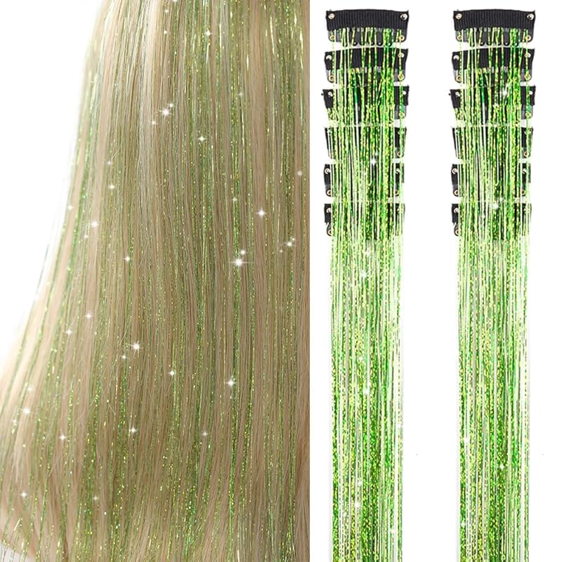 🌟 🌟Hair Tinsel Pack of 12 Pcs Colorful Glitter Hair Accessories 20 Inch Clip in Hair Tinsel Extensions Fairy Hair Accessories Party Kit for Women Girls Kids (12Pcs,Colorful#)