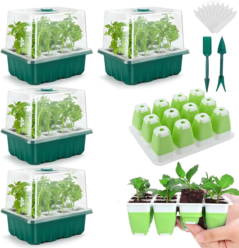 🌟🌟Seed Starter Tray, 48 Cells Indoor Seed Starter Kit, Flexible Silicone Designed Seedling Starter Trays, Germination Tray with Humidity Dome & Lids(4in Height), Reusable & Dishwasher Safe