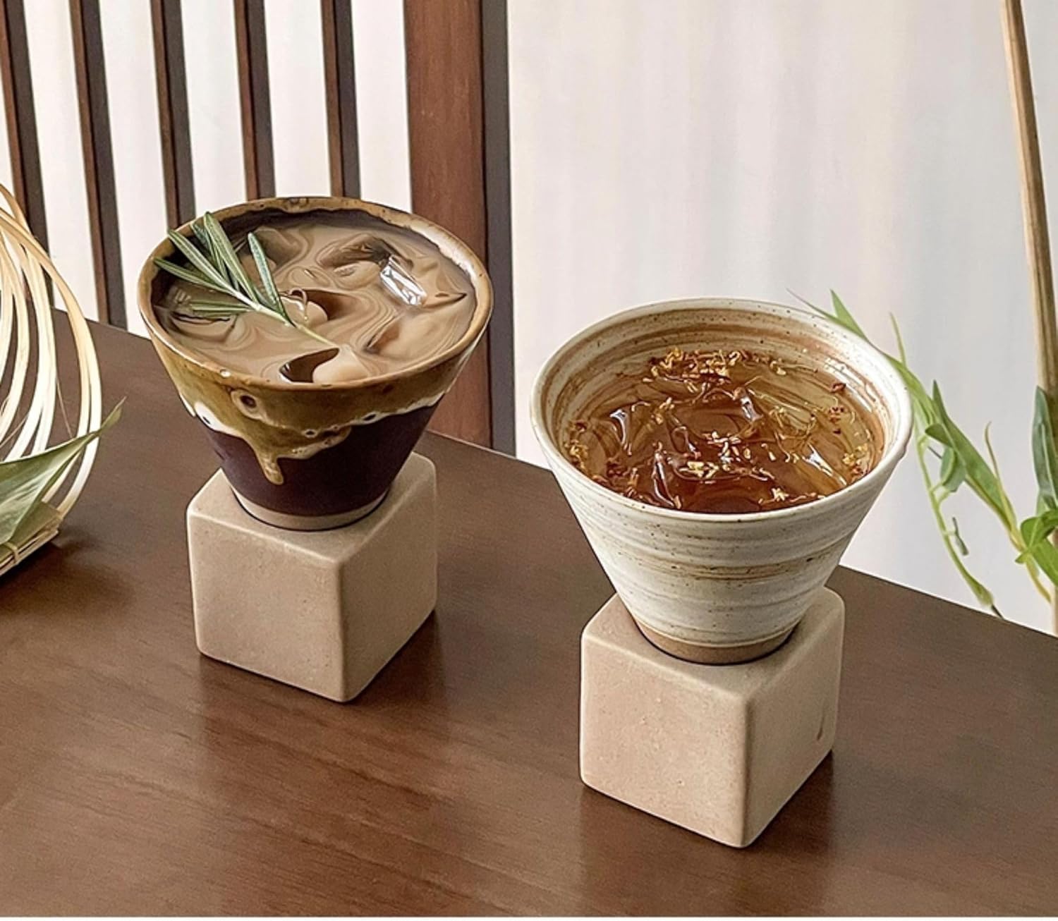 🌟 🌟Vintage Coffee Mugs, Handmade Ceramic Cups, Funnel-Shaped Coarse Pottery Mugs, Aged-Looking Cold Brew Cups, and Tea Cups (Beige+BROWN)