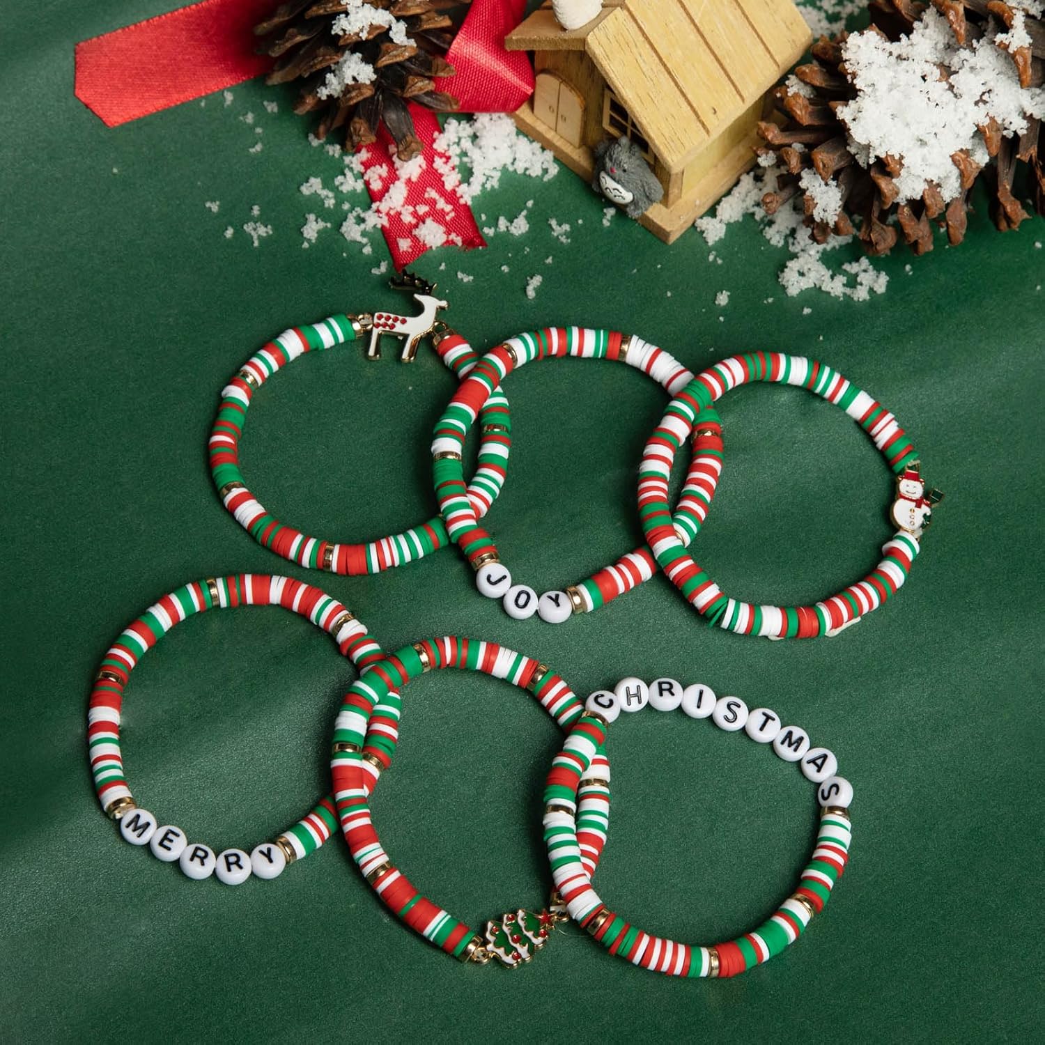 6 Pack Christmas Bracelets: Joy & Merry Candy-Style Stacks for Women & Teens - Perfect Christmas Gifts - Age 3 to Adult