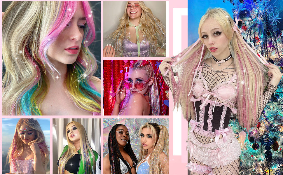 🌟 🌟Hair Tinsel Pack of 12 Pcs Colorful Glitter Hair Accessories 20 Inch Clip in Hair Tinsel Extensions Fairy Hair Accessories Party Kit for Women Girls Kids (12Pcs,Colorful#)