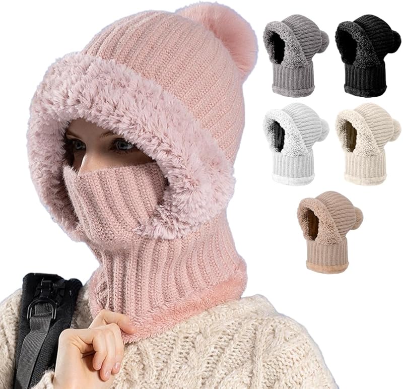 🌟🌟Three-in-One Cold-Proof Knitted Hat，New Women's Autumn and Winter Windproof Scarf Balaclava Hat（Khaki）