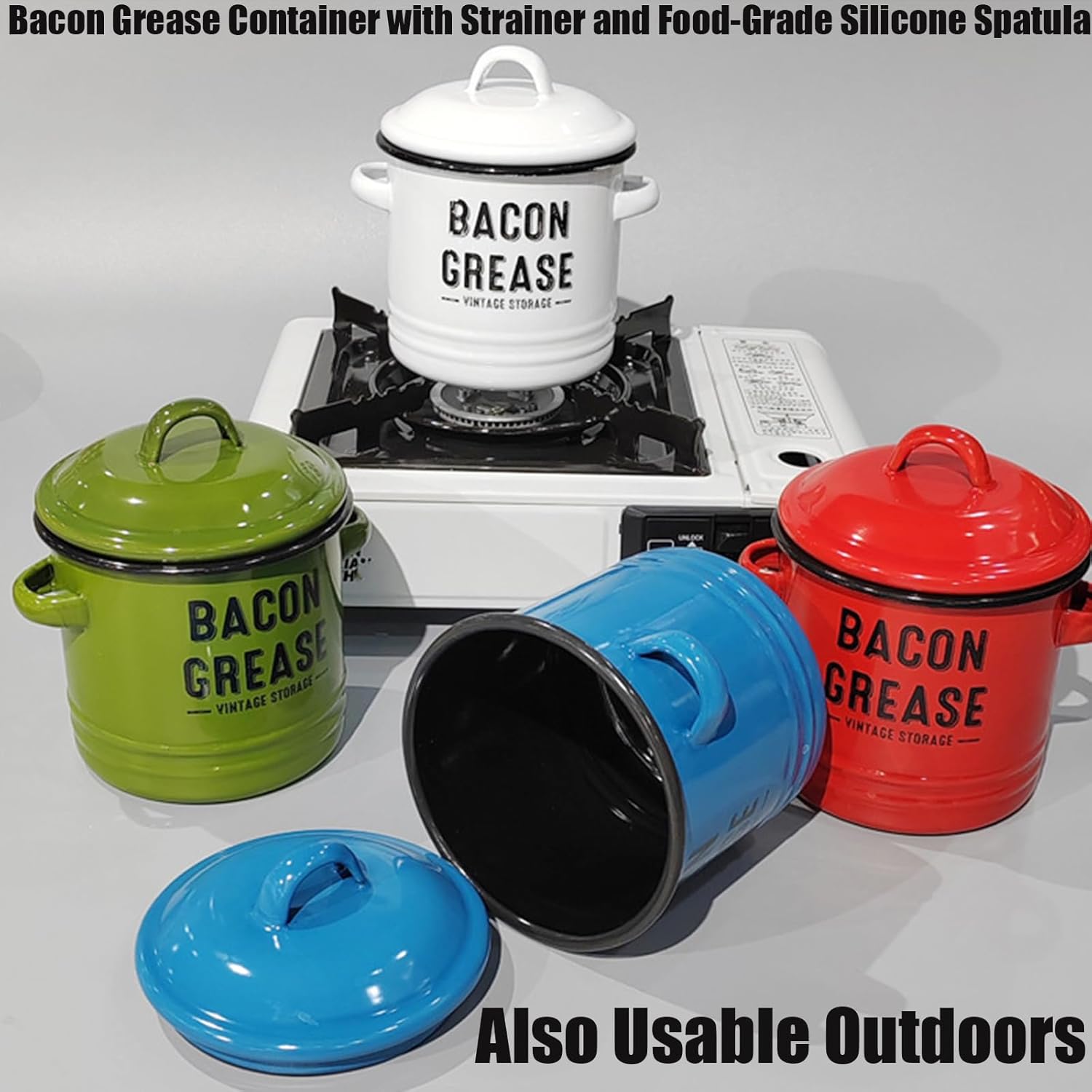 🌟🌟Bacon Grease Container, 46 Oz Enamel Bacon Grease Container with Strainer, and Food-Grade Silicone Spatula, for Filtering Out, Storing and Recycling (White)