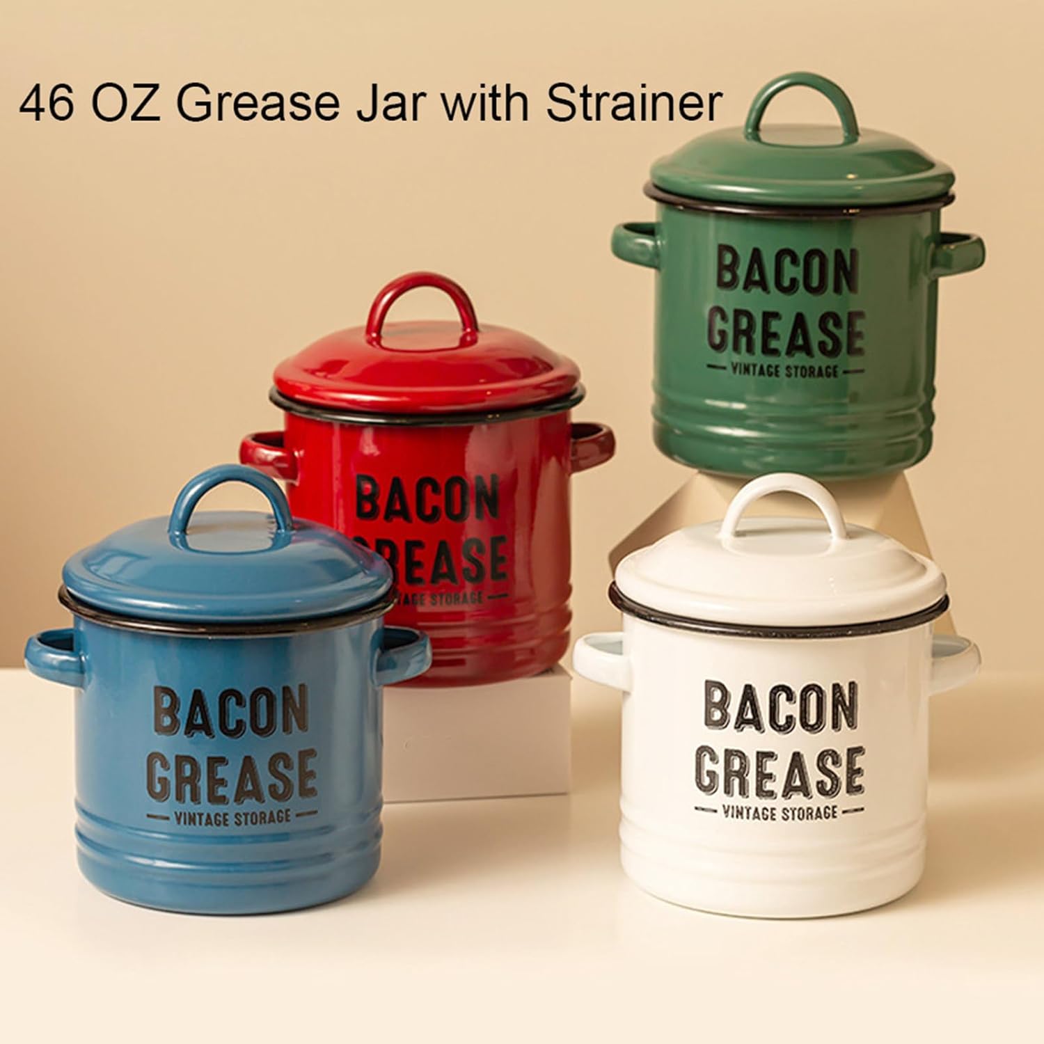 🌟🌟Bacon Grease Container, 46 Oz Enamel Bacon Grease Container with Strainer, and Food-Grade Silicone Spatula, for Filtering Out, Storing and Recycling (White)