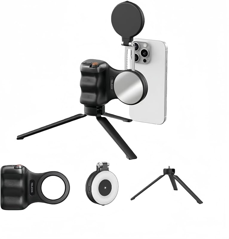 🌟 🌟Magnetic Phone Camera Grip, Ergonomic Phone Grip with Detachable Remote Shutter and Fill Light