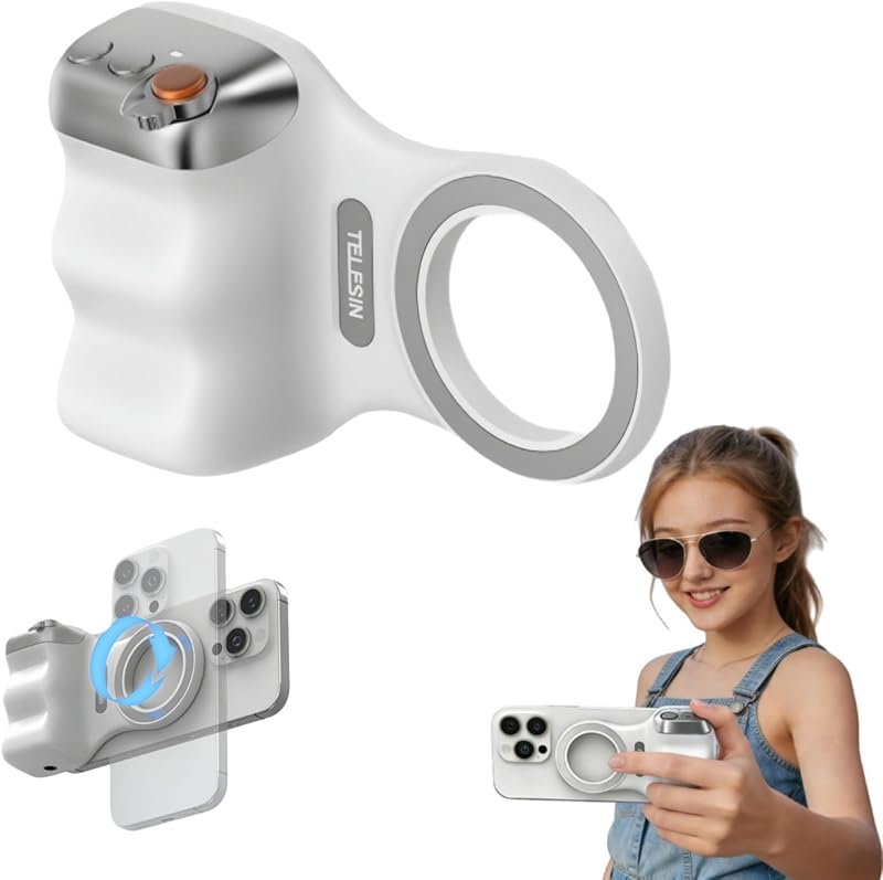 🌟 🌟Magnetic Phone Camera Grip, Ergonomic Phone Grip with Detachable Remote Shutter and Fill Light
