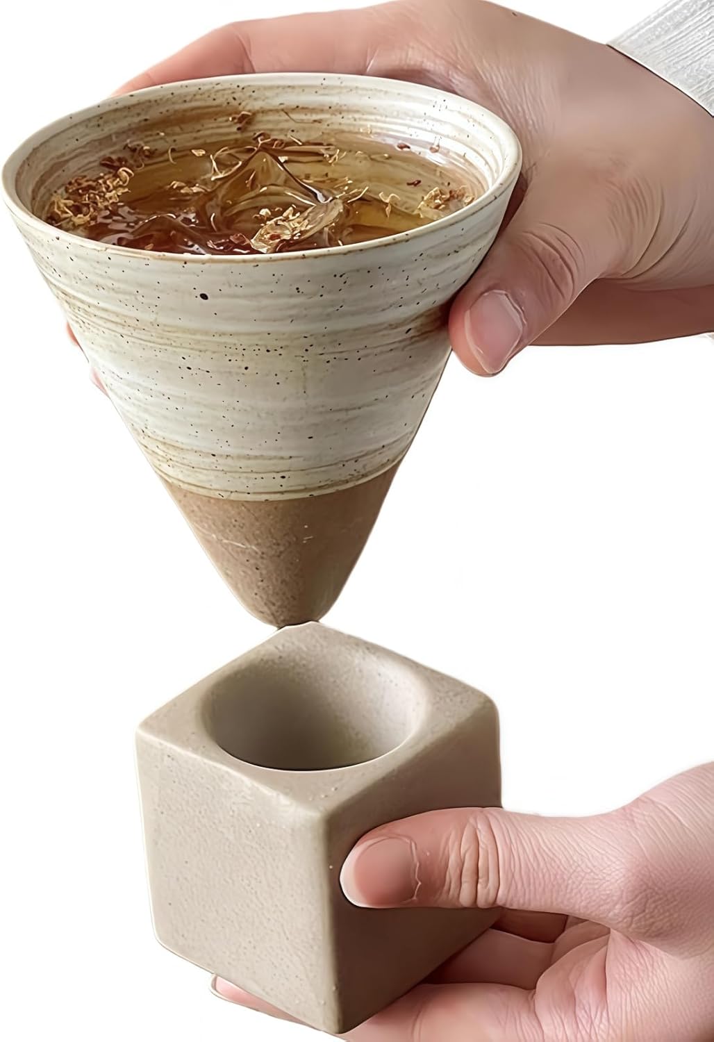 🌟 🌟Vintage Coffee Mugs, Handmade Ceramic Cups, Funnel-Shaped Coarse Pottery Mugs, Aged-Looking Cold Brew Cups, and Tea Cups (Beige+BROWN)