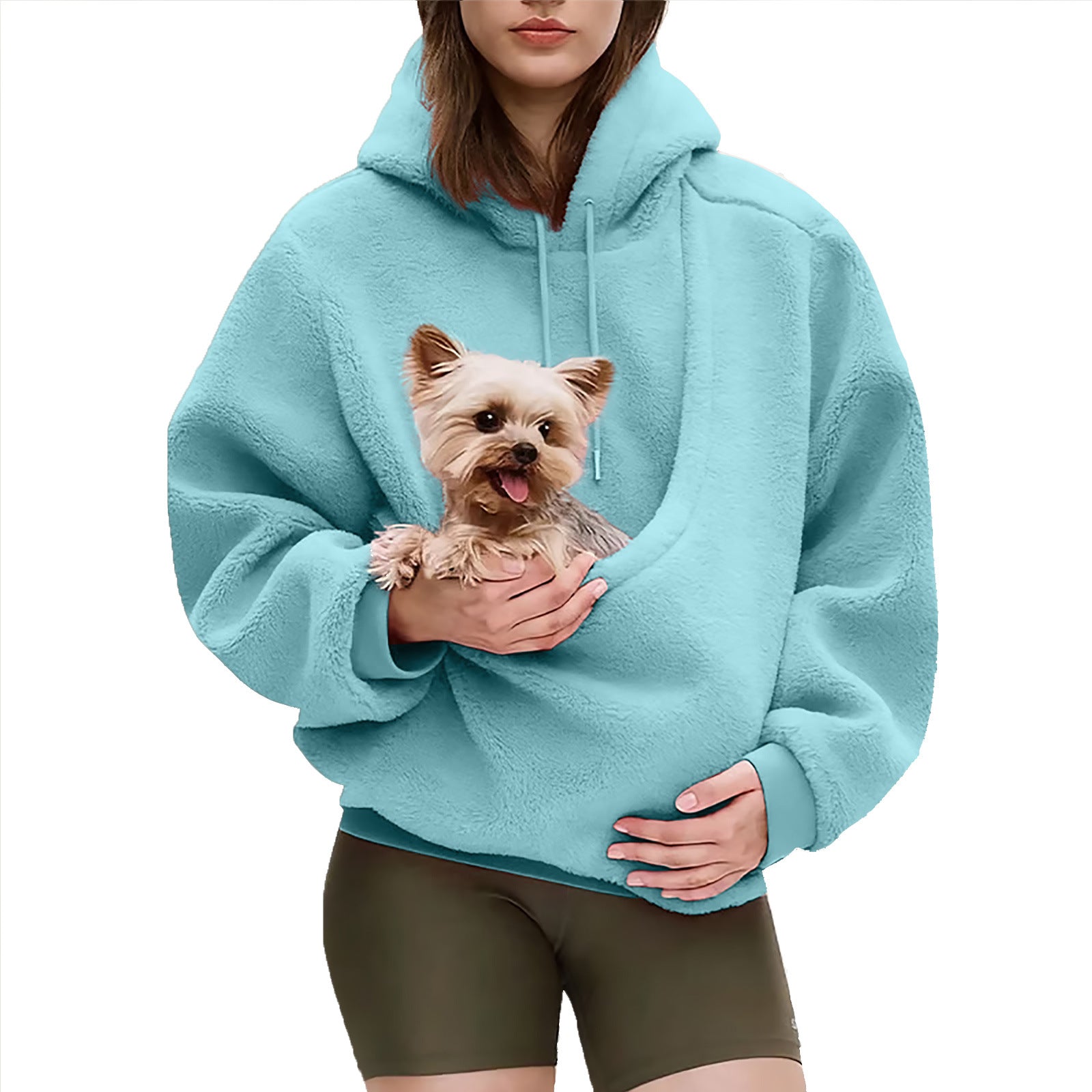 2025 new  Autumn Winter Solid Color Hooded Plush Pet Pocket Loose Pullover Sweatshirt for Women