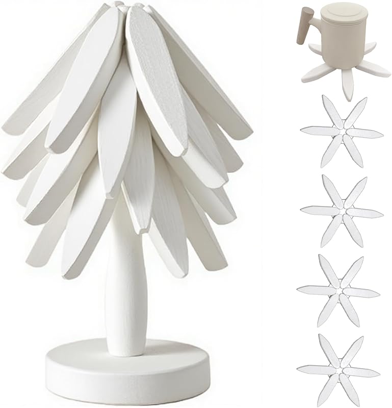 🌟 🌟 Natural Foldable Black Walnut Wooden Trivet Set - 4 Trivets + 1 Stand for Hot Dishes, Pot, Bowl, Teapot, Hot Pot Holders(Black Walnut)🌟 🌟