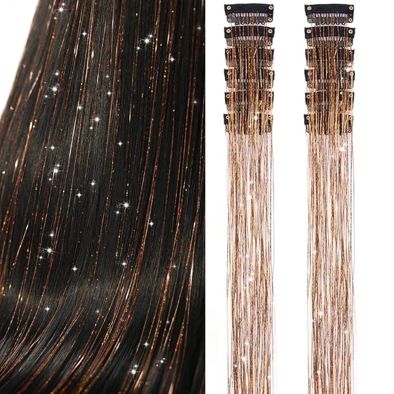 🌟 🌟Hair Tinsel Pack of 12 Pcs Colorful Glitter Hair Accessories 20 Inch Clip in Hair Tinsel Extensions Fairy Hair Accessories Party Kit for Women Girls Kids (12Pcs,Colorful#)