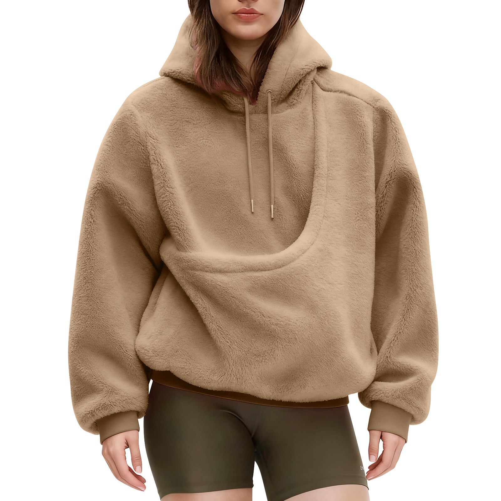 2025 new  Autumn Winter Solid Color Hooded Plush Pet Pocket Loose Pullover Sweatshirt for Women