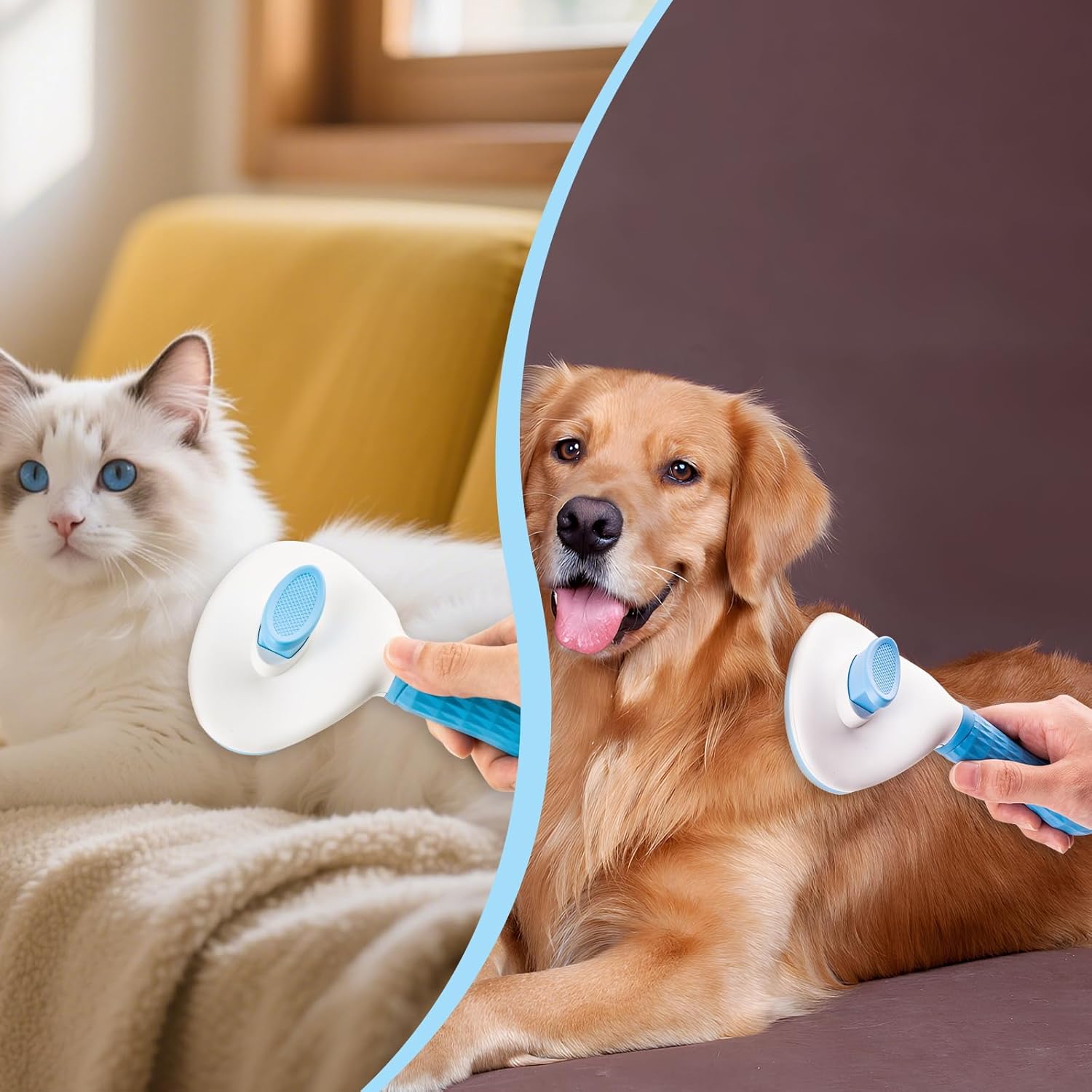 🌟🌟Self Cleaning Slicker Brush, Dog Cat Bunny Pet Grooming Shedding Brush - Easy to Remove Loose Undercoat, Pet Massaging Tool Suitable for Pets with Long or Short Hair